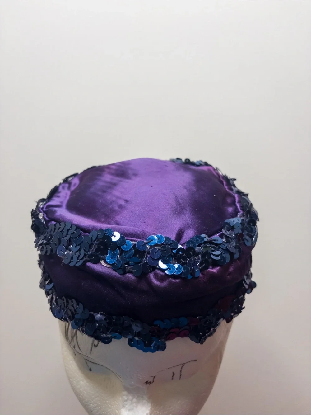 Vintage Purple / Blue Sequin Trim Satin Pill Box Hat